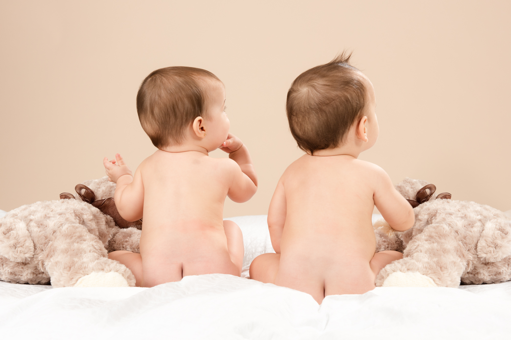 foto estudio bebes mellizos desnudos peluches